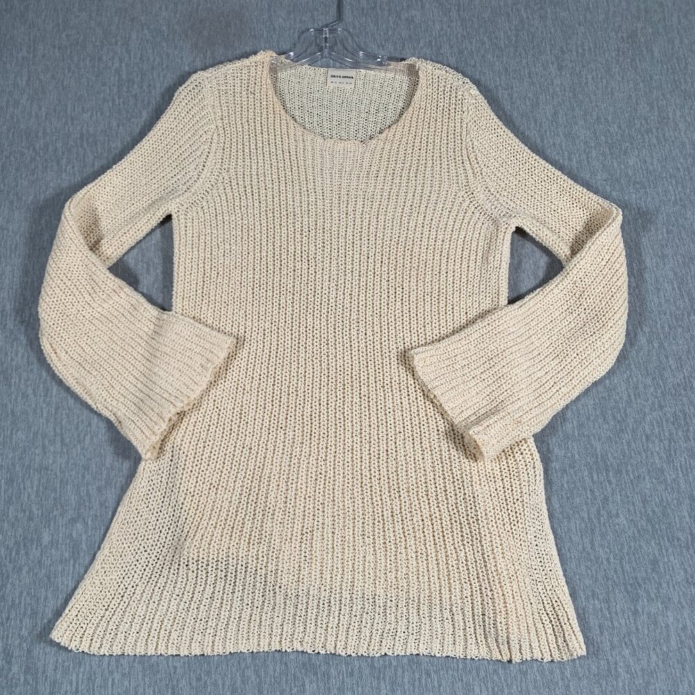Zulu & Zephyr Sweater Women 8 Beige Cotton Knit Long Sleeve Slit Hem Pullover